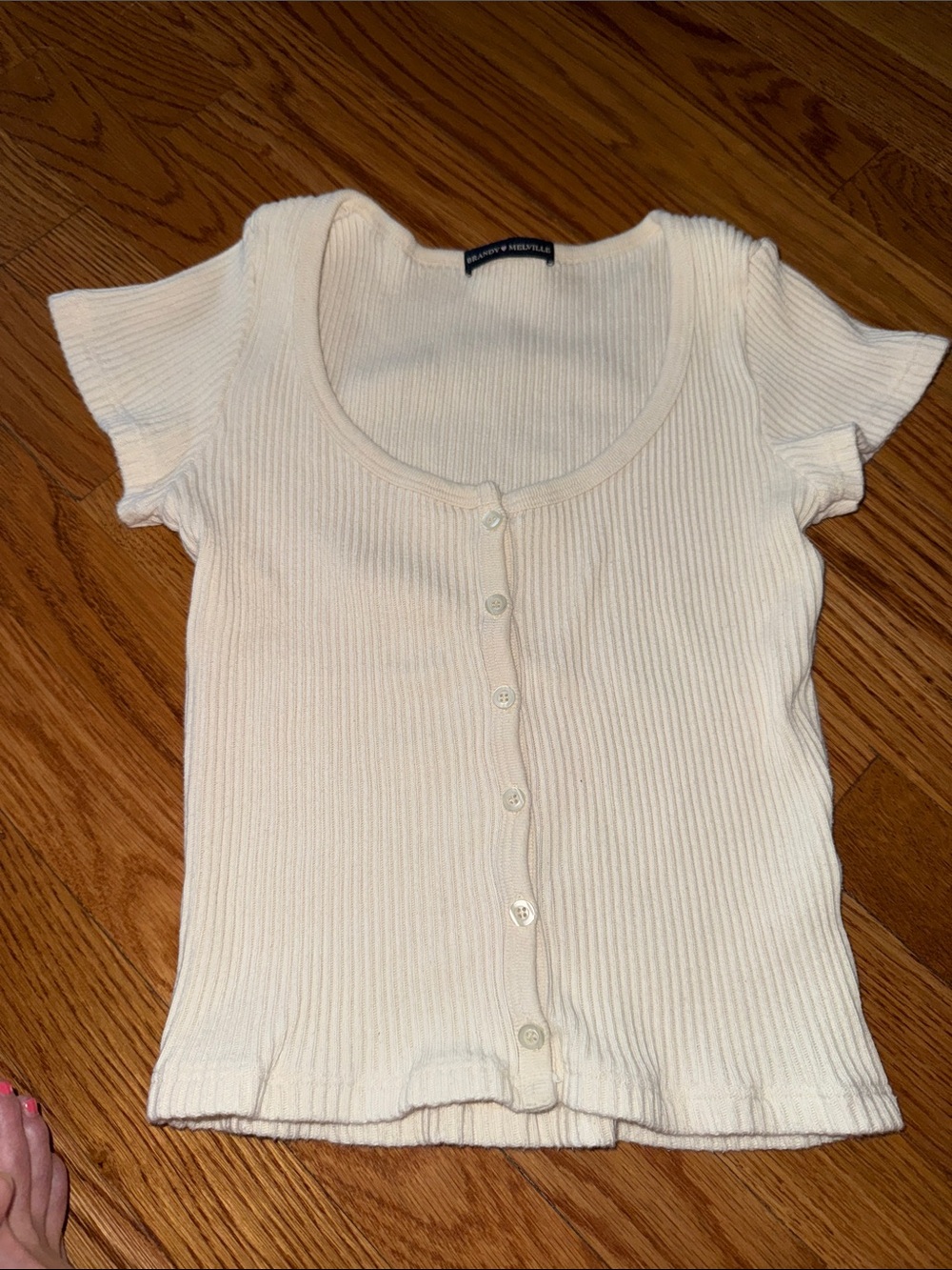 Brandy Melville Cream Ribbed Scoop Neck Button Front Top